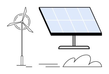 Rüzgar türbini ve güneş paneli çevre dostu enerji üretiyor. Yeşil enerji, sürdürülebilirlik, eko-dostluk, teknoloji, yenilenebilir kaynaklar, çevresel koruma, temiz teknoloji için ideal