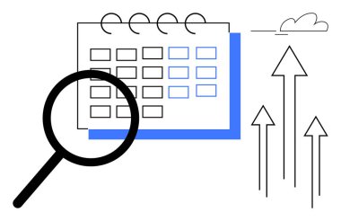 Büyüteç takvimi vurgular, yukarı bakan oklar büyümeyi sembolize eder, arka planda bulut. Zamanlama, analiz, strateji, üretkenlik, planlama ve büyüme için ideal