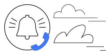 Çan simgesi, telefon alıcısı ve soyut bulutlarla birlikte uyarı sinyalleri yayıyor. İletişim, bilgilendirme, bulut etkileşimi, teknoloji, destek servisi, güncellemeler, basit iniş sayfası için ideal