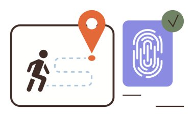 Konum iğnesine doğru noktalı yolu takip eden kişi, yeşil işaretli parmak izi simgesi. Güvenlik, kimlik, yön bulma, takip, kimlik doğrulama teknolojisi için ideal. Basit düz