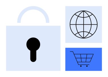 Güvenliği sembolize eden büyük bir kilit. İnternet 'i ve alışveriş arabasını temsil eden dünya e-ticareti simgeliyor. Çevrimiçi alışveriş, güvenlik, e-ticaret, dijital güvenlik, şifreleme, İnternet için ideal