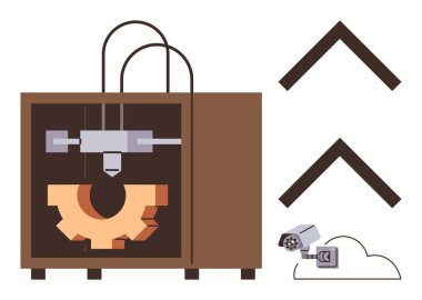 3D yazıcı dişli bir parça hazırlıyor, güvenlik kamerası olan bir bulut ve yukarı doğru oklar. Teknoloji, imalat, otomasyon, yenilik, veri endüstriyel ilerleme ve modern tasarım için idealdir. Basit.