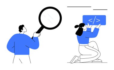 Elinde büyüteç tutan kişi ve kod paneli üzerinde çalışan başka biri, takım çalışmasını, analizi ve programlama çabalarını sembolize ediyor. Geliştirme, analitik, eğitim, eğitim, iş akışı için ideal