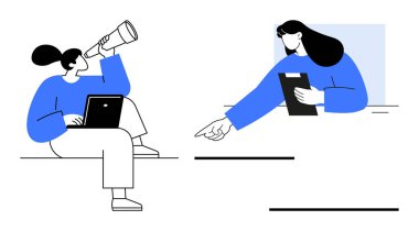 Dizüstü bilgisayar tutarken teleskop kullanan profesyonel bir kadın. İşbirlikçiyi panoyla işaret ediyor. Takım çalışması, strateji, keşif, işbirliği, liderlik, vizyon, basit iniş sayfası için ideal