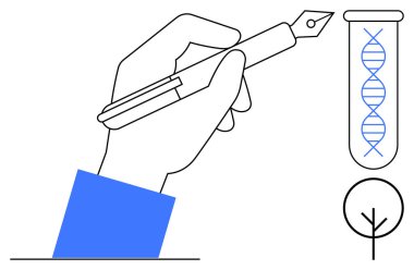 DNA çift sarmallı ve minimalist ağaç ikonlu test tüpünün yanında el ele tutuşma kalemi. Bilim, araştırma, yenilik, teknoloji, sürdürülebilirlik, biyoloji ve genetik için ideal. Basit bir daire.