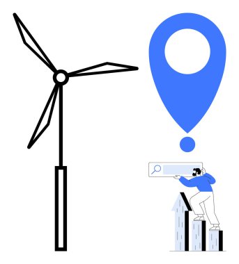 Rüzgar türbini yenilenebilir enerjiyi sembolize eder. Büyük lokasyon iğnesi keşfi vurguluyor. Grafikler üzerinde çalışan kişi çözümler arar. Sürdürülebilirlik, yenilenebilir enerji, yenilik, araştırma, temizlik için ideal