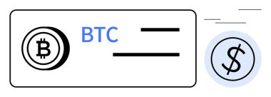 Ticareti ima eden satırların yanında BTC etiketli Bitcoin logosu ve para değişimi öneren dolar sembolü. Finans, engelleme zinciri, dijital ödemeler, kripto para birimi, işlemler, fintech