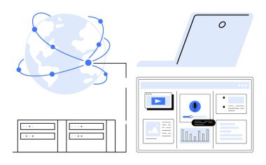 Küre ağ hatları, bulut veri sunucuları, dizüstü bilgisayar ve analitik gösterge paneli ile bağlantılı. Takım çalışması, küresel iletişim, bulut hesaplama, veri analizi, çevrimiçi işbirliği için ideal