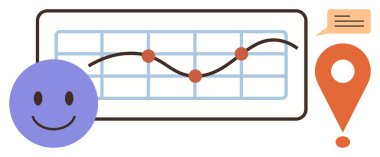 Bir sonraki mutlu yüz trend veri tablosu, konum iğnesi ve konuşma baloncuğunun yanında. Analiz, veri haritalama, iletişim, takım çalışması, müşteri memnuniyetinin izlenmesi ve ilerleme temsili için ideal. A