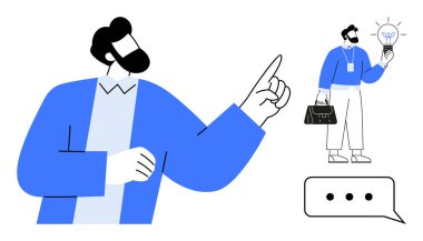 İş çantası ve ampulü tutarken bir fikri sembolize eden özgüvenle işaret eden kişi. Yaratıcılık, liderlik, girişimcilik, yenilik, beyin fırtınası, karar verme, basit