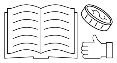 Görünür sayfaları olan açık bir kitap, döviz işaretli bir bozuk para ve el hareketi. Eğitim, finans, bilgi paylaşımı, onay, başarı için ideal basit bir iniş sayfası