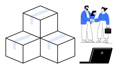 Bir yığın kargo kutusu, el sıkışan iki kişi evrak ve çanta ve bir laptop. Takım çalışması, e-ticaret, lojistik, ortaklık, iş anlaşmaları, teknoloji müşteri hizmetleri için ideal