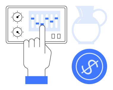 Kontrol panelindeki sürgüler ve düğmeler ile el etkileşimi, arka plandaki sürahi ve para birimi işareti. Finans, teknoloji, bütçe, optimizasyon, kontrol kaynakları ve verimlilik için ideal. Basit.