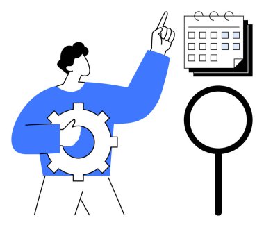 Takvimi büyüteçle gösterirken özel tutuş teçhizatı. Zaman yönetimi, verimlilik, planlama, organizasyon, arama, iş operasyonları, problem çözme için ideal. Basit.