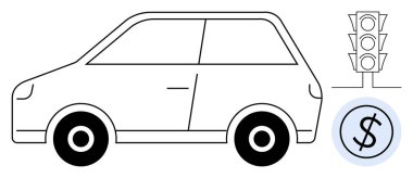 Trafik ışığı ve finansal sembolün yanındaki kompakt araç hareketlilik, akaryakıt maliyetleri, yol vergileri veya ekonomik etkileri gösteriyor. Ulaşım, trafik planlaması, eko-sürüş, finans ve karayolu için ideal