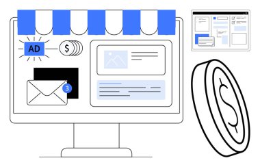 Mağaza vitrininin altında bilgisayar ekranında reklamlar, e-postalar ve analitikler var. Yakınlarda, madeni para ve analiz raporları pazarlama, e-ticaret ve gelirin ön plana çıktığını gösteriyor. Pazarlama ve iş için ideal