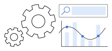 Birbirine kenetlenmiş vitesler, arama çubuğu, bar tablosu ve çizgi grafiği veri yönetimini, işlem optimizasyonunu ve analitik araçları temsil eder. İş, teknoloji, araştırma stratejisi takım çalışması için ideal