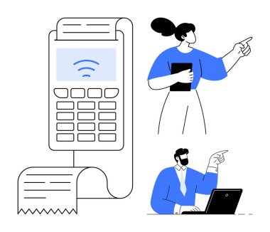 Yazılı faturası ve kablosuz ikonu olan ödeme terminali tabletli kadın, dizüstü bilgisayar kullanan adam. Finans, teknoloji, perakende, işlemler, işbirliği, takım çalışması için ideal basit düz metafor