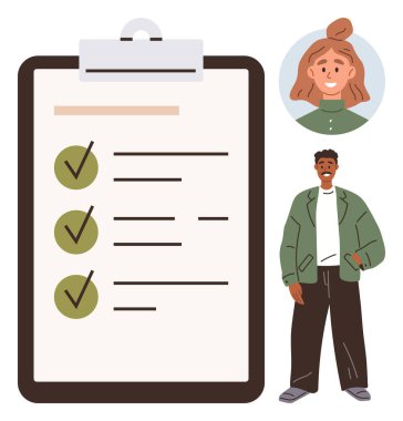 Görev listesi ve işaretleri olan büyük bir pano, yakınlarda kutlama yapan insanlar. Planlama, takım çalışması, verimlilik, başarı, organizasyon ve işbirliği için ideal. Basit.