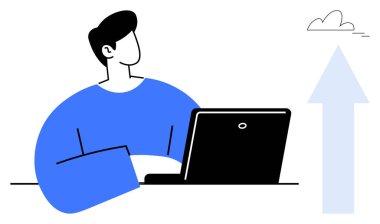 Adam bir dizüstü bilgisayar kullanarak bir masada oturmuş, yukarı doğru büyümeyi ya da bulutun yakınındaki ilerlemeyi temsil eden bir oka bakıyor. İş dünyası için ideal, yenilik, yükselen eğilim, hedef belirleme, kariyer büyümesi, hedefler