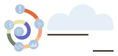 Analitik sembollü dairesel çizelge, bulut simgesi. Veri analizi, bulut hesaplama, iş akışı, süreç izleme, dijital entegrasyon, iş büyümesi ekip çalışması için ideal. Basit düz metafor