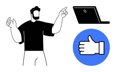 Sakallı adam açık dizüstü bilgisayarı işaret ediyor ve mavi bir dairede işaret veriyor. Takım çalışması, onay, teknoloji, başarı, sosyal medya, iletişim, basit iniş sayfası için ideal