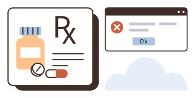 Yanlışlıkla açılan pencerenin yanındaki eczane şişesi, haplar, RX sembolü dijital sağlık hizmetlerini, e-reçeteleri ve ilaç takibini ön plana çıkarıyor. Teletıp, sağlık uygulamaları, tıbbi uyarılar, kullanıcı için ideal