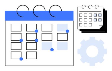 Vurgulanmış tarihli takvim, daha küçük bir takvim ve dişli simgesi. Planlama, zaman yönetimi, organizasyon, teslim tarihleri, verimlilik iş akışı hatırlatıcıları için idealdir. Basit düz metafor