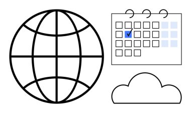 Küre sembolü, işaretli tarihli takvim ve bulut küresel işbirliği, zamanlama ve veri depolamayı temsil ediyor. Proje yönetimi, uzaktan çalışma, planlama, ağ zaman yönetimi için ideal