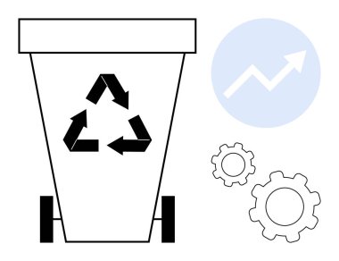 Sürdürülebilirlik okları olan geri dönüşüm kutusu, yükselen mavi daire grafiği, süreç optimizasyonunu sembolize eden vites. Çevresel farkındalık, sürdürülebilirlik, atık azaltma ve verimlilik için ideal