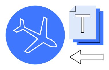 Mavi dairenin içinde bir uçak, büyük harfli bir doküman istiflemiş, ve sol tarafı işaret eden bir ok. Seyahat, navigasyon, lojistik, dosya transferi, iletişim, hareketlilik ve dijital için ideal