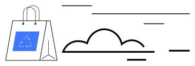 Geri dönüşüm simgesinin yanında, sürdürülebilirliği ve çevresel bakımı vurgulayan stilize bir bulut bulunan alışveriş torbası. Çevreye duyarlı alışveriş, yeşil yaşam tarzı, iklim bilinci, atık azaltma için ideal