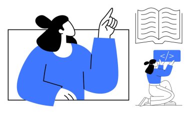 Yukarıya bakan kadın, bilgiyi simgeleyen açık bir kitap, dizlerinin üzerinde kodlama penceresi tutan figür. Eğitim, kodlama, öğrenme, çevrimiçi kurslar, öğretiler, yaratıcılık için basit iniş sayfası