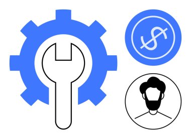 İngiliz anahtarı, kullanıcı profili ve dolar işaretli mavi dişli. Teknoloji, bakım ve iş. Finans, onarım, kullanıcı hizmetleri ekonomi stratejisi, profesyonel araçlar için idealdir. Basit.