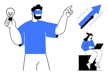 Elinde ampul tutan, VR kulaklık takan adam yeniliği simgeliyor, ileri işaret ediyor. Dizüstü bilgisayar ve yukarı bakan oklar üzerinde çalışan bir kadın büyüme, teknoloji, takım çalışması ve yaratıcılık taşır. İlerleme için ideal
