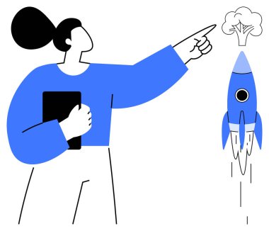 Elinde tablet tutan ve yaratıcı enerjiyle fırlatılan bir roketi işaret eden kadın. Yenilik, liderlik, ilerleme, teknoloji, girişimcilik, eğitim, takım çalışması için idealdir. Basit düz