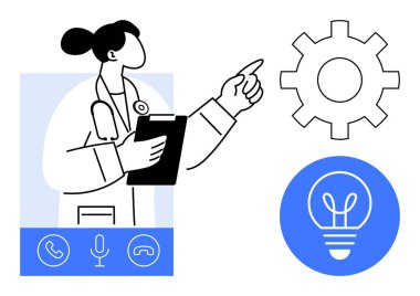 Dişlilere ve ampullere bakan bir doktor, yeniliği ve problem çözmeyi sembolize ediyor. Sağlık, yenilik, iletişim, teknoloji, takım çalışması, eğitim, basit iniş sayfası için ideal