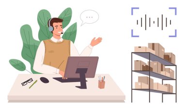 Kulaklıklı müşteri hizmetleri ajanı ses teknolojisiyle iletişim kuruyor. Kutu duvarları envanteri temsil ediyor. Müşteri desteği, iletişim, lojistik ve tedarik zinciri için ideal