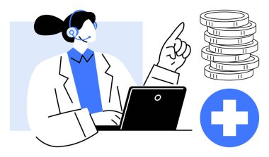 Diz üstü bilgisayarı, bozuk paraları ve sağlık sembolünü gösteren bir kulaklık takan kadın doktor. Teletıp, danışmanlık, finans, bütçe, teknoloji sağlık hizmetleri modern iş için idealdir. Basit düz
