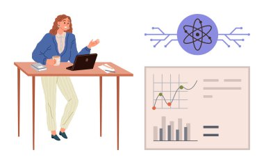 Masasında dizüstü bilgisayarla duran bir kadın atomik temsil, grafikler ve grafikleri tartışıyor. Eğitim, araştırma, bilim, sunum veri analiz teknolojisi yeniliği için idealdir. Basit düz