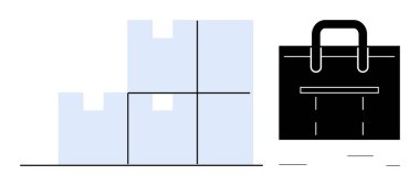 Siyah bir evrak çantasının yanına istiflenmiş mavi kutular depolama, ulaşım, iş, lojistik ve tedarik zincirinin temalarını birleştiriyor. Ticaret, dağıtım, üretkenlik organizasyonu ve basit daire için ideal.
