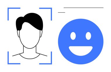 Gülümseyen yüz simgesi ile eşleştirilmiş tarama çerçevesindeki yüz hatları. Biyometri, kimlik doğrulama, yapay zeka teknolojisi, güvenlik sistemleri, dijital profil çıkarma, kullanıcı kimlik denetimi, basit iniş sayfası için ideal