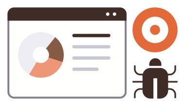 Pasta grafiği ve metin içeren tarayıcı penceresi, hedef simgesi ve hata grafiği. Siber güvenlik, veri analizi, yazılım geliştirme, hedef izleme, problem çözme, analitik basit düz metafor için ideal