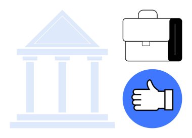 Sütunlu bir banka binası, siyah bir evrak çantası ve mavi daireli bir el resmi. Finans, güven, kurumlar, iş, başarı, ortaklıklar için ideal basit iniş sayfası