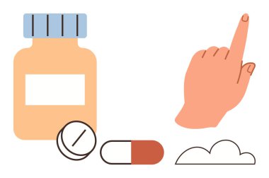 El işareti hap şişesi, tablet, kapsül ve basit bir bulut şekli. Sağlık, reçete, eczane, kendi kendine bakım ve tıbbi danışmanlık için idealdir. Basit düz metafor