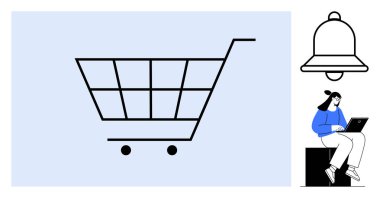 Minimum bir alışveriş arabası, bir uyarı zili ve dizüstü bilgisayar kullanan biri. E-ticaret, perakende satış, tebligatlar, çevrimiçi hizmetler, tüketici davranışı, dijital pazarlama için ideal daire