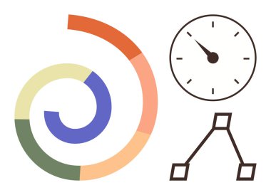 Çok renkli spiral çizelge, siyah elli saat ve basit hiyerarşi diyagramı. Veri analizi, zaman yönetimi, üretkenlik, iş akışı, proje planlaması, karar verme mekanizması için ideal