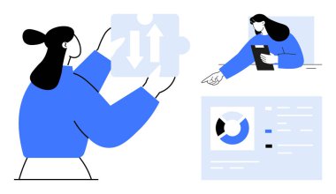 Elinde oklarla yapboz parçası tutan bir kadın, başka bir analiz belgesi. Çizelge ve verilerle birlikte analitik gösterge paneli. Takım çalışması, kavramlar, analitik, strateji, problem çözme, basit eğitim için ideal