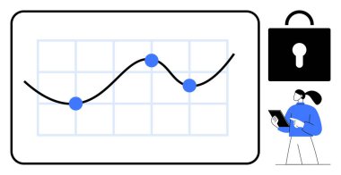 Bağlı veri noktaları, güvenlik kilidi simgesi ve tableti inceleyen kadın grafiği. Analiz, siber güvenlik, teknoloji, veri eğilimleri, mahremiyet, iş raporları için ideal