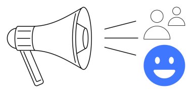 Megafon kullanıcı simgelerine ses dalgaları yayıyor ve etkili iletişimi sembolize eden gülümseyen bir yüz. Pazarlama, reklam, mesajlaşma, müşteri ilişkileri, sosyal yardım, duyurular için ideal